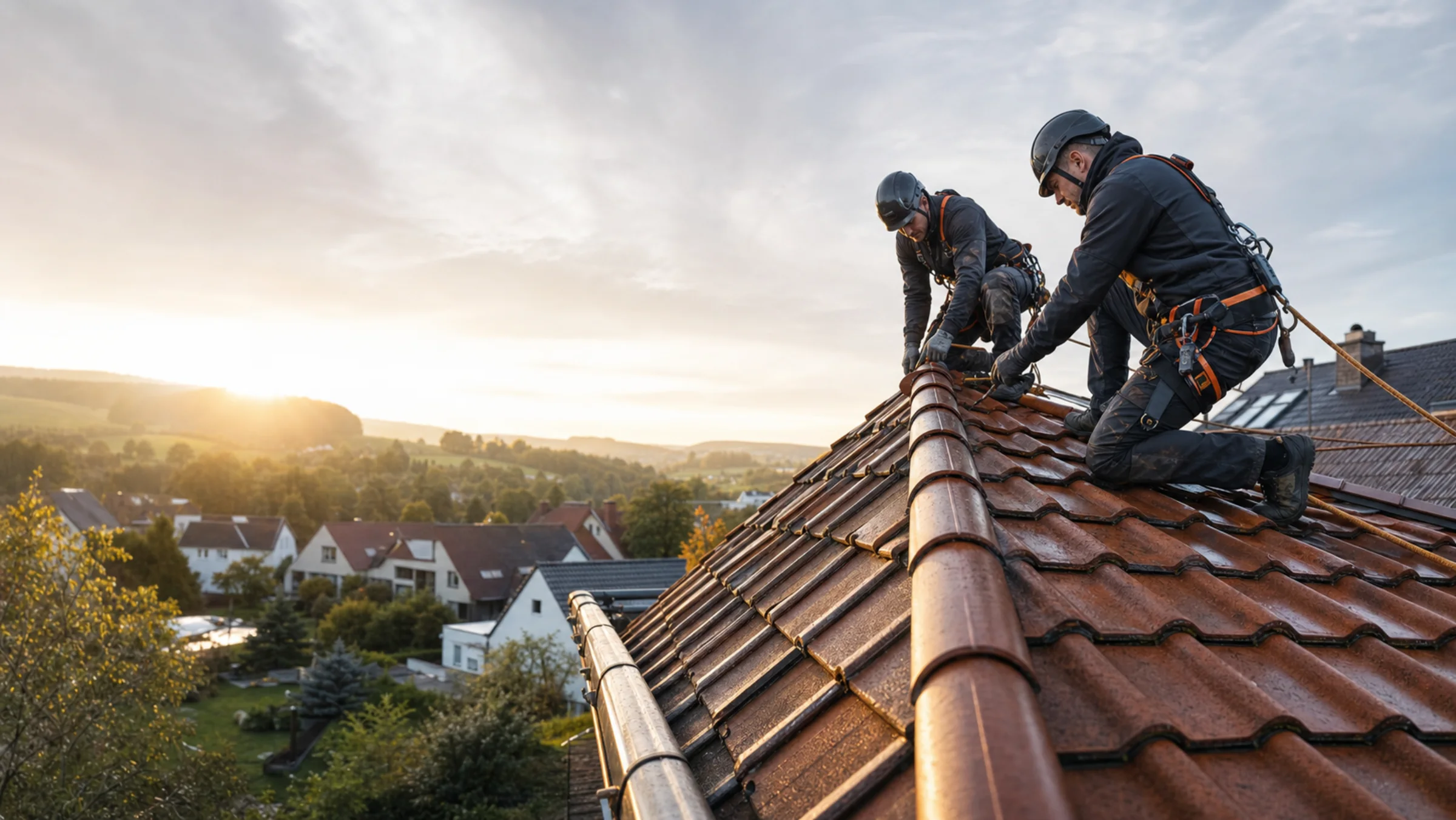 Zwei Dachdecker arbeiten gesichert an einem Ziegeldach